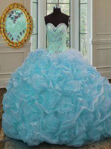 Custom Designed Blue Ball Gowns Sweetheart Sleeveless Organza Sweep Train Lace Up Beading and Pick Ups Sweet 16 Dress