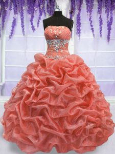 Fantastic Sleeveless Organza Floor Length Lace Up Sweet 16 Quinceanera Dress in Watermelon Red and Coral Red with Beadin