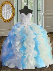 Spectacular Blue And White Sleeveless Floor Length Beading and Ruffles Lace Up Ball Gown Prom Dress
