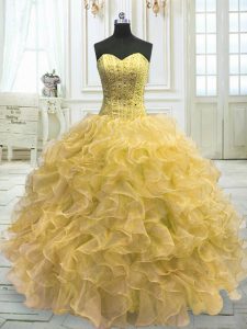 New Arrival Light Yellow Sleeveless Organza Lace Up Ball Gown Prom Dress for Military Ball and Sweet 16 and Quinceanera