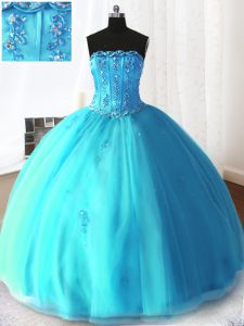 Ideal Floor Length Lace Up 15th Birthday Dress Baby Blue for Military Ball and Sweet 16 and Quinceanera with Beading and