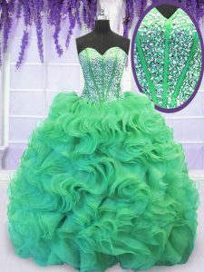 Designer Sleeveless With Train Beading and Ruffles Lace Up Quinceanera Dress with Turquoise Brush Train