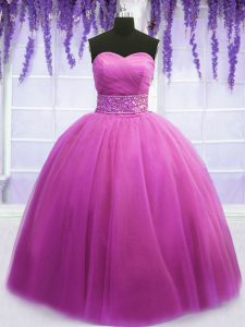 Tulle Sweetheart Sleeveless Lace Up Beading and Belt Vestidos de Quinceanera in Lilac