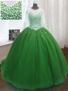Perfect Green Scoop Neckline Beading and Sequins Quinceanera Dress Long Sleeves Lace Up