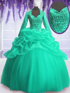 Sequins Pick Ups Turquoise Long Sleeves Organza Zipper Vestidos de Quinceanera for Military Ball and Sweet 16 and Quince