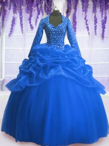 Glamorous V-neck Long Sleeves Quinceanera Gowns Floor Length Sequins and Pick Ups Blue Organza