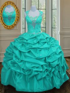 Affordable Straps Beading and Pick Ups Sweet 16 Dress Aqua Blue Lace Up Sleeveless Floor Length