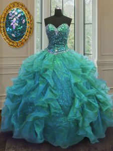 Inexpensive Organza and Sequined Sleeveless Floor Length Vestidos de Quinceanera and Beading and Ruffles