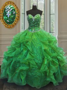 Affordable Ball Gowns Quinceanera Gowns Sweetheart Organza and Sequined Sleeveless Floor Length Lace Up
