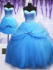 Affordable Three Piece Baby Blue Sleeveless Beading and Bowknot Floor Length 15 Quinceanera Dress