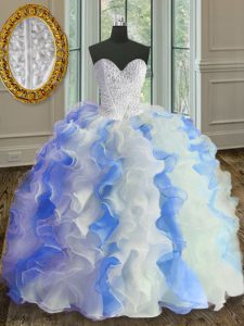 White and Blue Lace Up Vestidos de Quinceanera Beading and Ruffles Sleeveless Floor Length