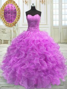 Beading and Ruffles 15 Quinceanera Dress Lilac Lace Up Sleeveless Floor Length
