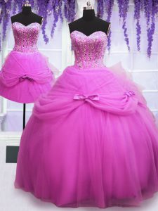 Stunning Three Piece Lilac Ball Gowns Beading and Bowknot 15th Birthday Dress Lace Up Tulle Sleeveless Floor Length