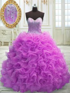 Fine Lilac Ball Gowns Organza Sweetheart Sleeveless Beading and Ruffles Lace Up Sweet 16 Dress Sweep Train
