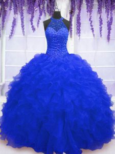 Unique Royal Blue Organza Lace Up High-neck Sleeveless Floor Length Sweet 16 Quinceanera Dress Beading and Ruffles and S