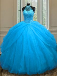 Elegant Baby Blue Tulle Lace Up Sweetheart Sleeveless Floor Length Vestidos de Quinceanera Beading