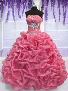 Floor Length Ball Gowns Sleeveless Rose Pink Quinceanera Dresses Lace Up