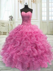 Popular Rose Pink Organza Lace Up Sweet 16 Dresses Sleeveless Floor Length Beading and Ruffles