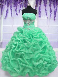 Chic Sleeveless Organza Floor Length Lace Up Quinceanera Gowns in Apple Green with Beading
