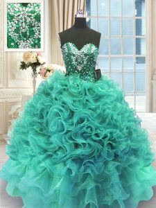 High End Sleeveless Organza Floor Length Lace Up 15th Birthday Dress in Turquoise with Beading and Ruffles