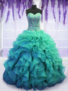 Floor Length Turquoise Quinceanera Gown Organza Sleeveless Beading and Ruffles
