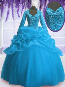 Baby Blue Ball Gowns Organza V-neck Long Sleeves Sequins and Pick Ups Floor Length Zipper 15 Quinceanera Dress