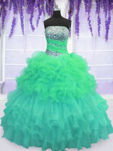 Flare Strapless Sleeveless Quince Ball Gowns Floor Length Beading and Ruffled Layers and Pick Ups Multi-color Organza