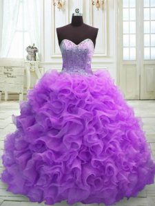 Sleeveless Sweep Train Beading and Ruffles Lace Up Sweet 16 Quinceanera Dress