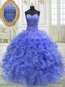 Floor Length Lace Up Vestidos de Quinceanera Blue for Military Ball and Sweet 16 and Quinceanera with Beading and Ruffle
