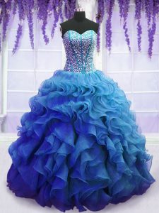 Blue Ball Gowns Organza Sweetheart Sleeveless Beading and Ruffles Floor Length Lace Up Ball Gown Prom Dress