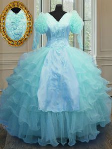 High Quality Blue Zipper V-neck Embroidery and Ruffled Layers 15 Quinceanera Dress Organza Long Sleeves