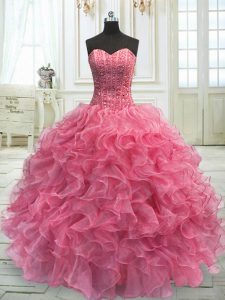 Fitting Sweetheart Sleeveless Quince Ball Gowns Floor Length Beading and Ruffles Rose Pink Organza
