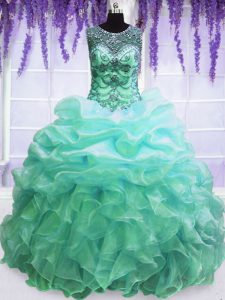 Scoop Turquoise Sleeveless Beading and Pick Ups Floor Length 15 Quinceanera Dress