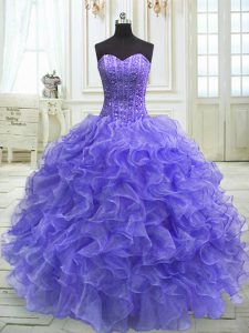Sophisticated Purple Organza Lace Up Sweetheart Sleeveless Floor Length Quince Ball Gowns Beading and Ruffles