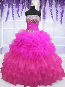 Charming Multi-color Lace Up Strapless Beading and Ruffled Layers and Pick Ups Sweet 16 Dress Organza Sleeveless