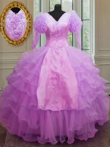 Cute Lilac Long Sleeves Ruffled Layers Floor Length Quinceanera Dresses
