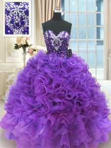 Vintage Purple Ball Gowns Beading and Ruffles Quinceanera Dress Lace Up Organza Sleeveless Floor Length