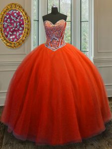 Inexpensive Red Ball Gowns Beading 15 Quinceanera Dress Lace Up Tulle Sleeveless Floor Length