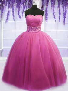 Sleeveless Tulle Floor Length Lace Up Quinceanera Dress in Rose Pink with Beading and Belt