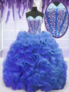 Custom Designed Sleeveless Organza Sweep Train Lace Up Vestidos de Quinceanera in Royal Blue with Beading and Ruffles