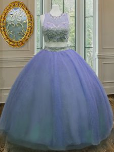 Scoop Floor Length Zipper Vestidos de Quinceanera Lavender for Military Ball and Sweet 16 and Quinceanera with Ruffled L