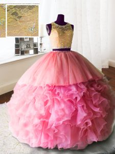 Exquisite Rose Pink Ball Gowns Scoop Sleeveless Organza and Tulle and Lace With Brush Train Zipper Beading and Lace and 