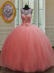 Best Scoop Beading Quinceanera Dress Watermelon Red Lace Up Sleeveless Floor Length