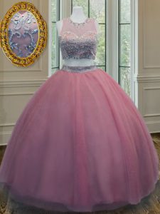 Sumptuous Scoop Floor Length Zipper 15 Quinceanera Dress Pink for Military Ball and Sweet 16 and Quinceanera with Ruffle