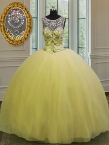 Customized Scoop Floor Length Ball Gowns Sleeveless Light Yellow Sweet 16 Quinceanera Dress Backless