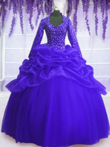 V-neck Long Sleeves Ball Gown Prom Dress Floor Length Sequins and Pick Ups Royal Blue Organza