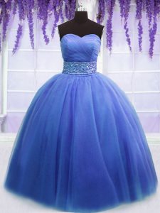 Blue Lace Up Quinceanera Gowns Beading and Belt Sleeveless Floor Length
