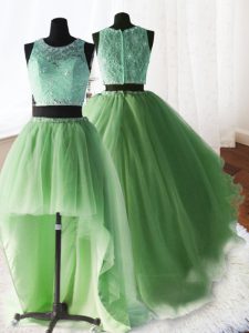 Three Piece Scoop Beading and Lace and Ruffles Sweet 16 Quinceanera Dress Yellow Green Zipper Sleeveless With Brush Trai