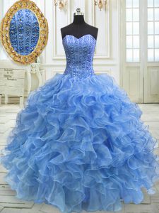 Romantic Floor Length Lace Up Sweet 16 Dresses Baby Blue for Military Ball and Sweet 16 and Quinceanera with Beading and