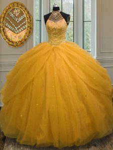 Gold Halter Top Lace Up Beading 15th Birthday Dress Sleeveless